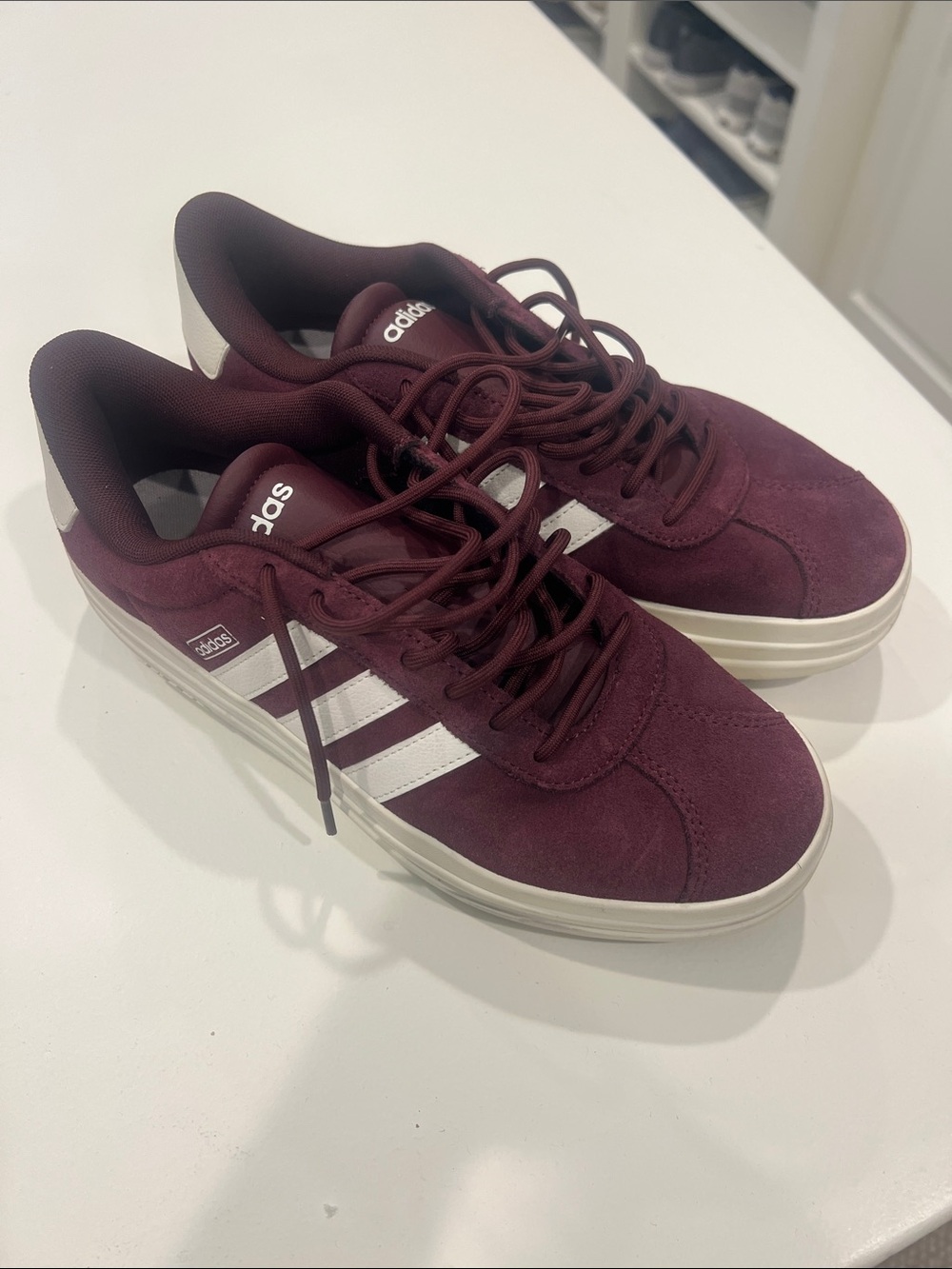 adidas Women’s Burgundy Suede Sneakers with White Stripes